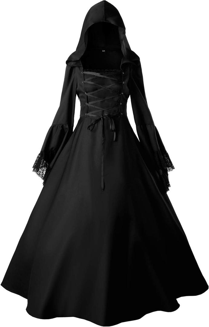 Jeufoin Women's Gothic Victorian Witch Vampire Dress Medieval Renaissance Halloween Cosplay Hooded Costume (Medium, Black)