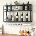Industrial Wall Mounted Wine Rack, 2-Tier Wood Wine Bottle Shelf with Stemware Rack, Black Wine Glass Rack Multi Functional Wine Storage Display Rack for Home Bar Dining Room Kitchen (31.47.826in)