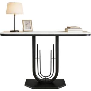 39.37'' Rectangle Narrow Console Table with Marble Top, Elegant Sofa Table Modern Entryway Tables, Round-Shaped Metal Frame, for Entry, Behind Sofa Couch, Entrance, White & Black Metal Base
