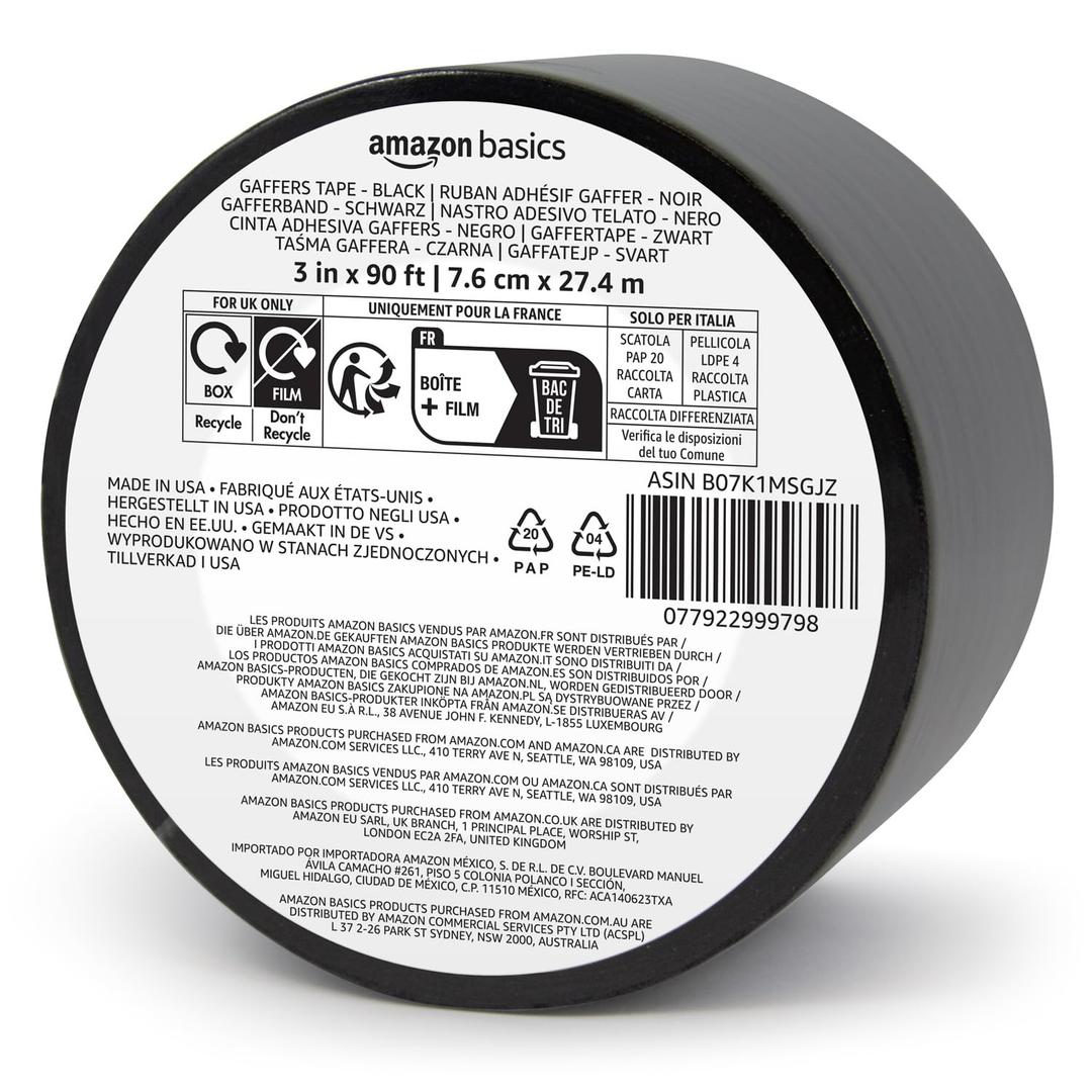 Amazon Basics No Residue, Non-Reflective Gaffers Tape for Photography and Filming, Removable Strong Adhesive for Cords, 3 inch x 90 feet, Black