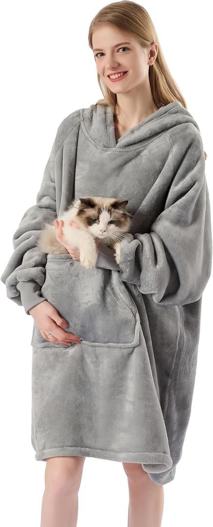 Krifey Wearable Blanket Hoodie, Oversized Sherpa Fleece Sweatshirt with Giant Pocket, Birthday Gifts for Women, Mom, Sister, Light Gray