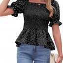 Womens Puff Short Sleeve Babydoll Tops Floral Summer Peplum Blouse Smocked Square Neck Loose Fit Ruffle Dressy Tee Shirts, XL