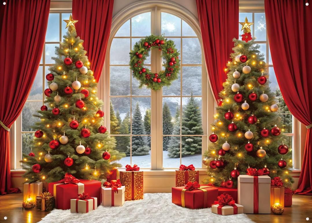 LYWYGG 82.6x59inch Christmas Backdrop Xmas Window Backdrop for Photography Christmas Tree Red Curtain Backdrops 