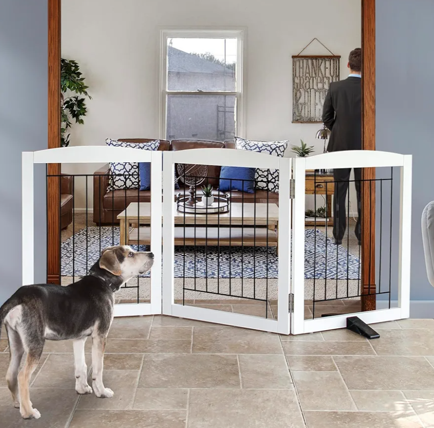 ZJSF Freestanding Dog Fence Indoor, Foldable Dog Gate for Doorways, Stairs or Hallways, Sturdy Wood Extra Wide Pet Gate with Support Feet for The House, White, 24 "Height-3 Panels, 60''W x 24''H