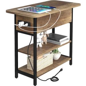 End Table with Charging Station, Flip Top Side Table with USB Ports and Outlets, 3-Tier Small Side Table with Storage for Small Space, End Tables for Living Room/Bedroom, Brown