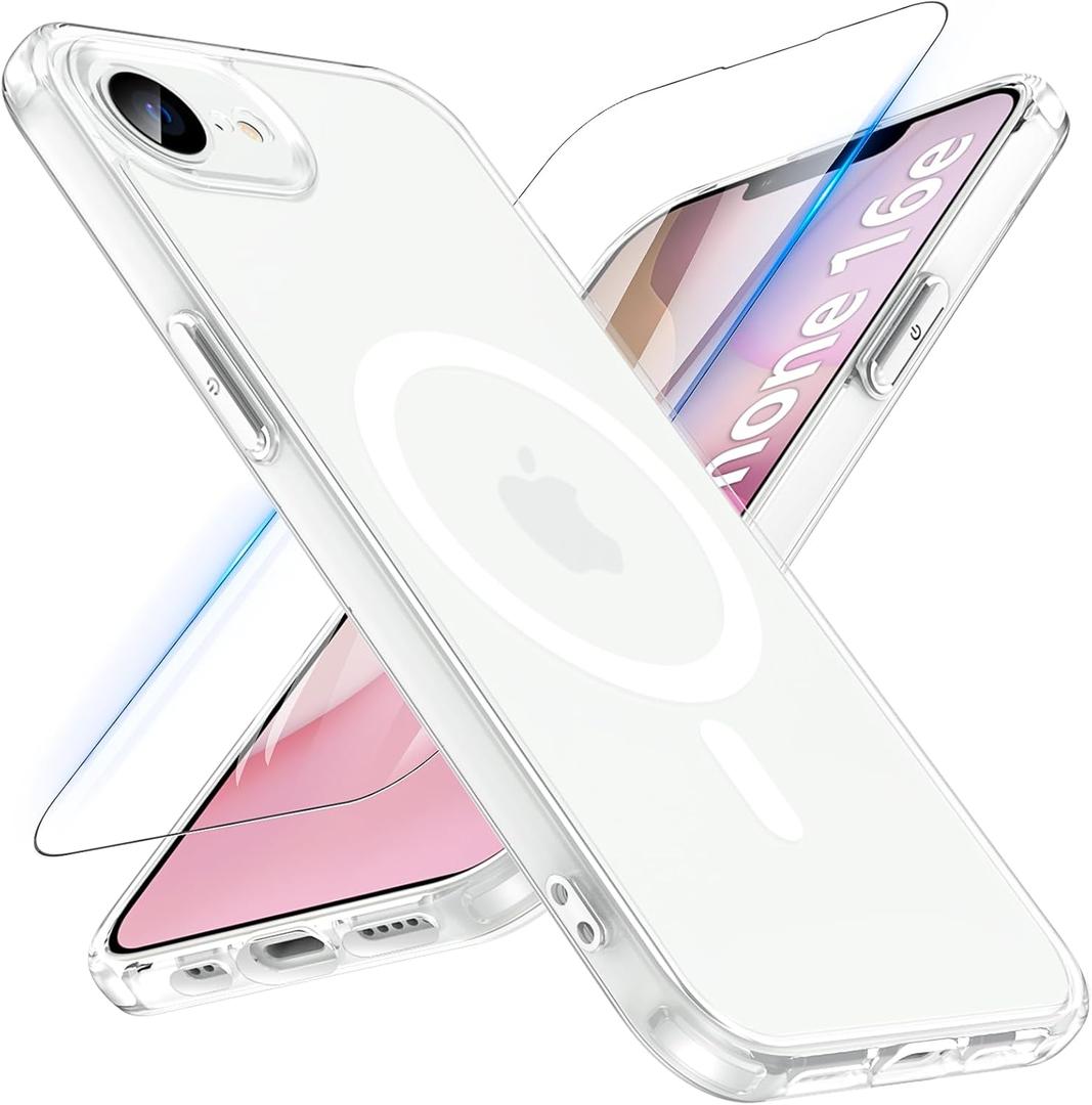 OWKEY for iPhone 16e Case, Magnetic Phone Case for iPhone 16e Case Compatible with MagSafe with Screen Protector [Shockproof Military-Grade Protection] Anti-Scratch Cover for 16e 2025 6.1'' (Clear)