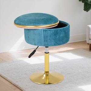 Adjustable Vanity Stool with Storage, 360 Swivel Makeup Stool Chair Small Velvet Round Ottoman with Gold Base for Bedroom (Blue)