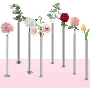 Set of 8 Magnetic Flower Vase, 9.45 x 0.6 x 0.6 Inch, Silver Aluminum Cylindrical Base Vase, for Modern Home Decor, Real Artificial Fresh Dried Flower Branches