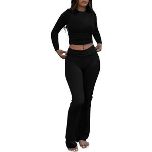 AYWA Women's 2 Piece Outfits Foldover Flare Pants Long Sleeve Crew Neck T-shirt Fitted Pajama Sets (Medium, Black)