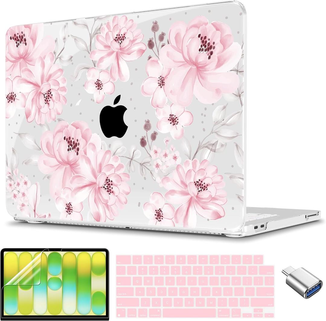 CISSOOK Compatible with MacBook Neo 13 inch Case 2026, Protective Hard Shell Case + Keyboard Cover + Screen Protector + USB-C Adapter for MacBook Neo 13 A3404, Cute Pink Flower
