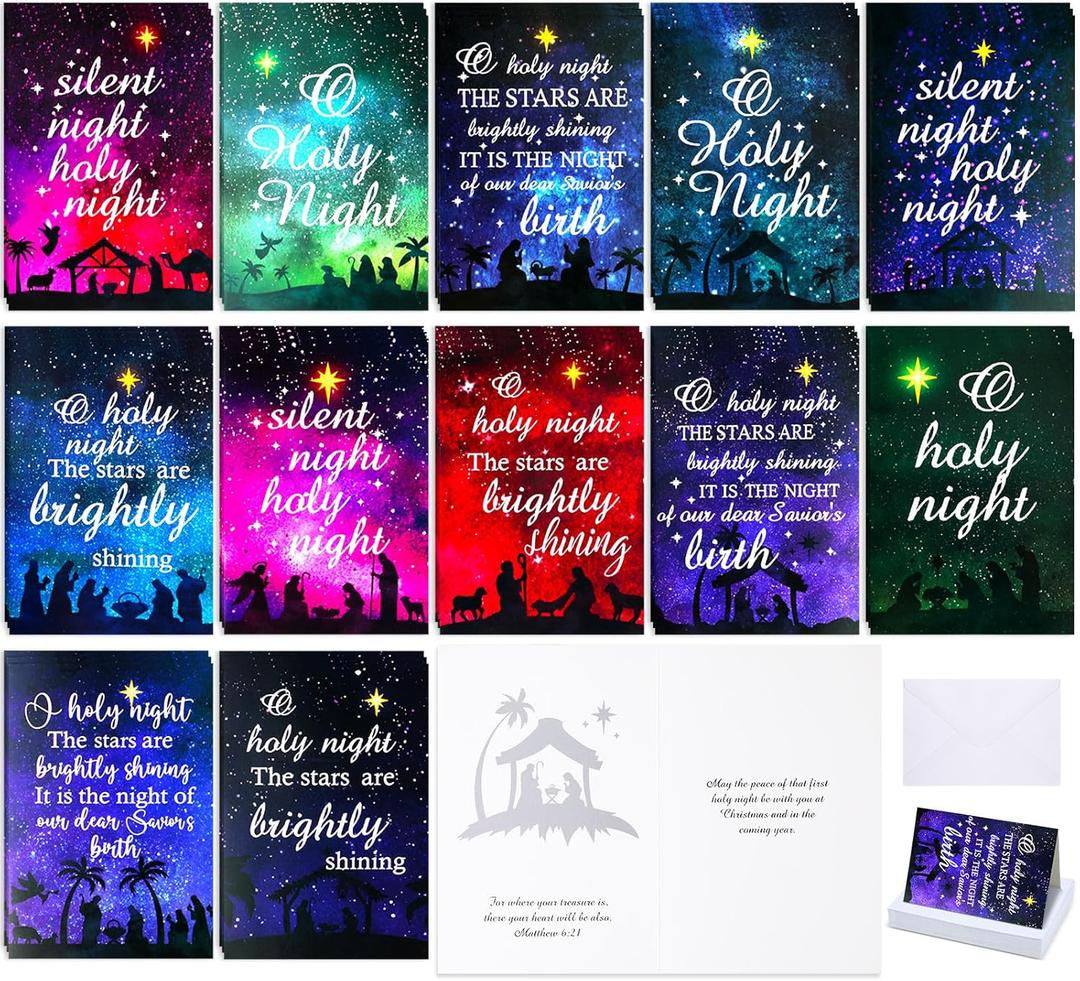 Motiskyy 240 Pack Oh Holy Night Christmas Cards Bulk Religious Christmas Cards with Envelopes Boxed Christmas Cards with Scripture Christian Nativity Christmas Cards for Xmas Holiday Party Gift