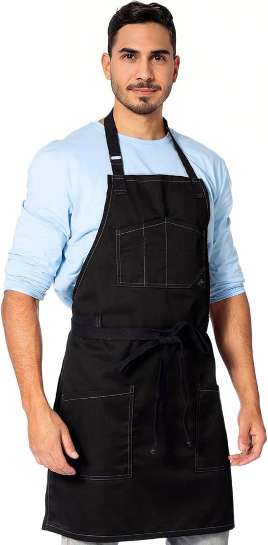 Under NY Sky Chef Apron  Professional Black Twill  Cotton Straps - Smart Pockets - Adjustable for Men and Women  Pro Chef, Cook, Kitchen, Baker, Barista, Bartender, Server Aprons
