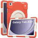 Andnary Case for Samsung Galaxy Tab A9+, Heavy Duty Shockproof Cover with Pencil Holder/360° Rotating Handheld Stand/Shoulder Strap, A9 Plus Case 11 Inch 2023 for SM-X210/X216/X218, Orange
