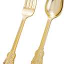 BUCLA 200 Piece Gold Plastic Silverware - Baroque Style Gold Plastic Forks and Spoons - 100 Forks and 100 Spoons for Weddings & Parties