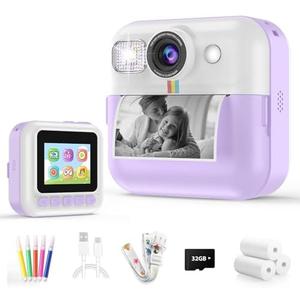 Kids Instant Print Camera, Christmas & Birthday Gift for Girls & Boys, Digital Camera with 32GB Card, 1080P Video, Portable Purple Toy for Ages 3-10