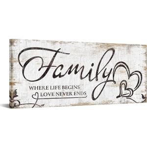 KREATIVE ARTS Large Home Family Wall Decor Rustic Home Sign Inspirational Quotes - Where Life Begins & Love Never Ends Canvas Wall Art Prints for Bedroom Living Room Kitchen 20x48 Inches