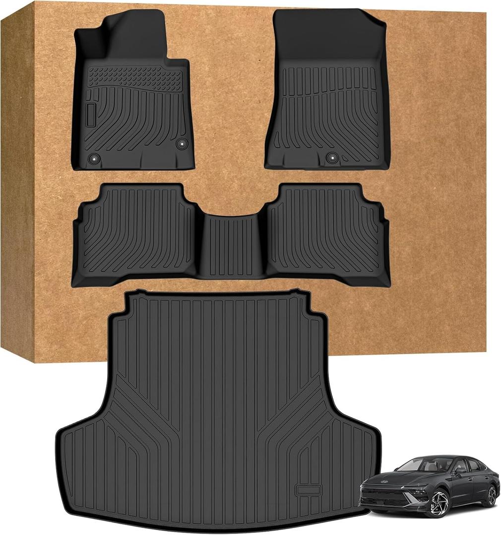 Floor Mats & Cargo Liner Set for 2020-2025 2026 Hyundai Sonata (Only for Hybrid) All Weather Automotive TPE Liners Set Waterproof Accessories, Floor Liner Combo Set,Front and Rear Rows, Trunk Liner