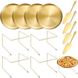 GRETJOB 12 Pcs Pizza Pan Riser Stand Set, 4 Metal Pizza Table Stands + 4 Nonstick Pizza Pans + 4 Pie Servers, Gold Pizza Rack & Tray for Baking, Dessert, Cheese, Party, and Restaurant Use (Gold)