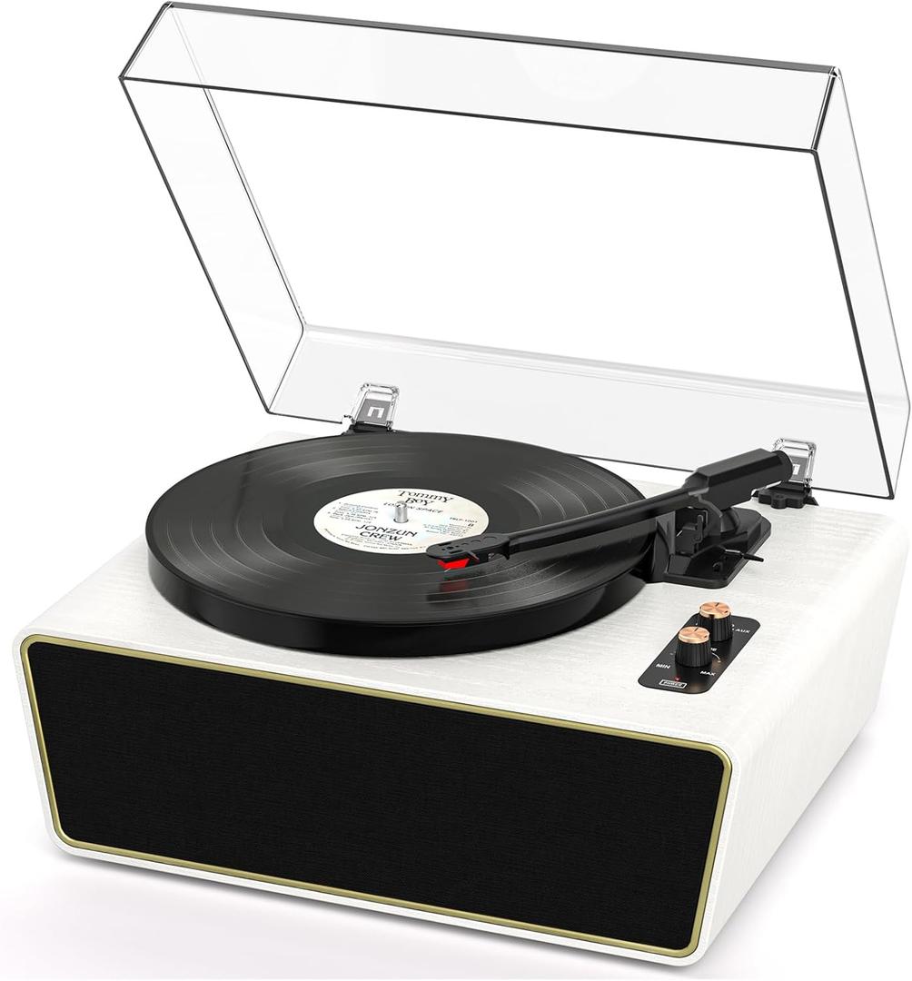 Full Size Vinyl Record Player, 3-Speed Bluetooth Turntable with Ruby Stylus, Adjustable Counterweight, Built-in 4 Stereo Speakers, PC Recording, Hi-Fi Belt-Drive with Auto Stop White
