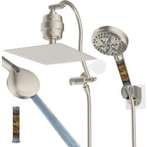 Hibbent All Metal 12'' Filtered Rainfall Shower Head Combo, High Pressure Handheld Shower Head with 12'' Adjustable Curved Extension Arm, 20 Stage Shower Filter, 10-spray, 71'' Hose, Brushed Nickel