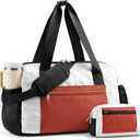 Puffer Gym Bag for Women, Quilted Weekender Bag for Travel, Lightweight Carry on Duffle for Sports Workout Dance Ballet Yoga Gymnastics Hospital with Wet Pocket, Beige-black-brown