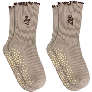 3 Pairs Cute Pilates Grip Socks for Women, Ruffle Yoga Non Slip Barre Socks for Workout & Dance (Beige)