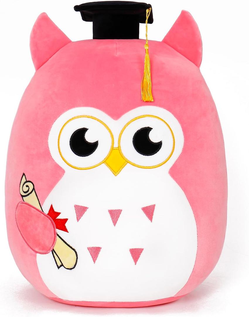 Our Honor Plush Soft Owl Stuffed Animal with Pink Body and Ears, Black Graduation Cap, Fringe and Diploma, Cute Pillow Toy Graduation Gift for Her, Kids