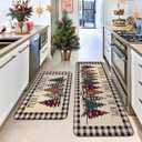 Buffalo Plaid Christmas Tree Merry Christmas Kitchen Mats Set of 2, Xmas Winter Home Decor Low-Profile Kitchen Rugs for Floor,Christmas Kitchen Mats for Floor 17x30+ 17x47 Inch (Linen-black)