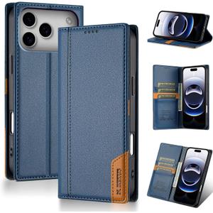 Wallet Case for iPhone 17 Pro Max 6.9", Faux Leather Phone Case with 3 Card Slots, Magnetic Wallet Compartment, RFID Blocking, Kickstand, Shockproof Protective Cover for Men Women - Blue