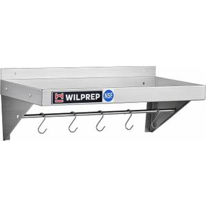 Wilprep NSF Stainless Steel Wall Mount Shelf, 12 x 24 Inch Commercial Kitchen Shelf with 10 Hooks & Brackets, 220lb Heavy Duty Metal Hanging Storage for Restaurant, Laundry Room & Garage