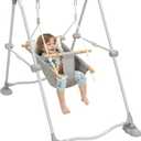 Baby Swing Set with Stand for Infant,Indoor Toddler Hammock Swing with 5-Point Safety Harness,Foldable Metal Frame, Macaron Wooden Toy,Grey and White
