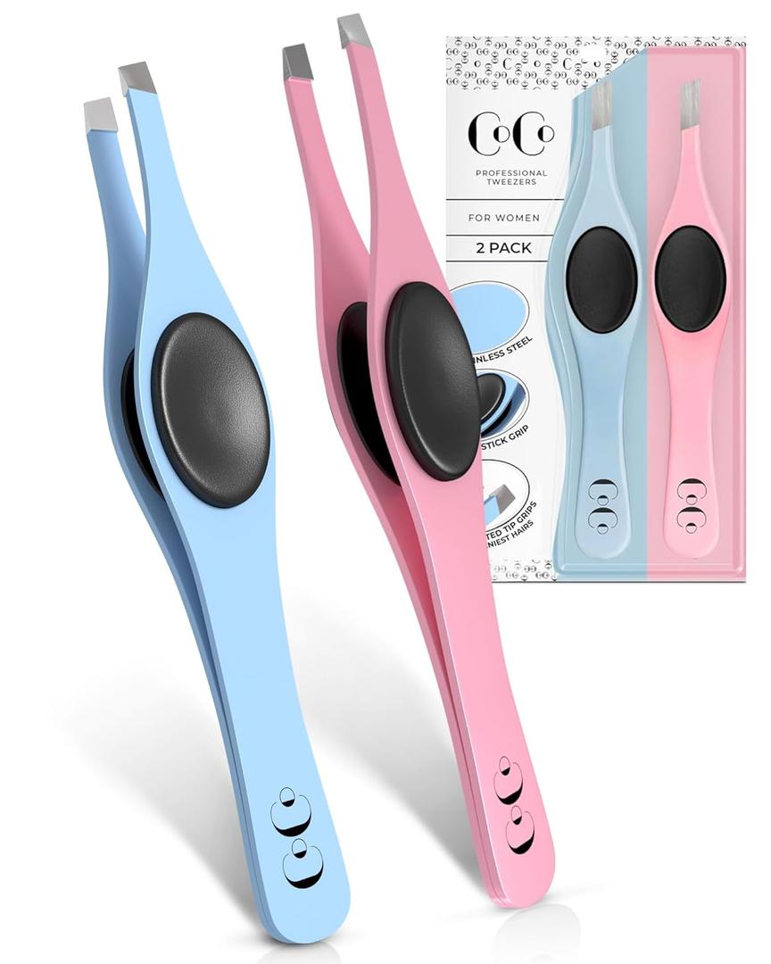 Cocos Closet Precision Tweezers for Women Facial Hair - Stainless Steel Tweezers for Women and Men - Ideal for Eyebrow Shaping and Hair Removal - Slanted Tips, Durable and Ergonomic Grip Design (Pink/Aqua)