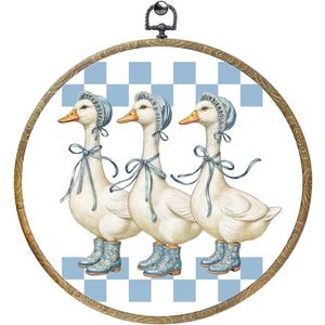 Cute Checkered Bow Goose Decor Goose Stuff Framed Round Wall Decor Canvas Wall Art Hanging Prints Artwork for Home Animals Lovers Room Living Room Farmhouse Boys Girls Decorations 10.2X10.2 Inch (Blue Plaid Duck 0388)