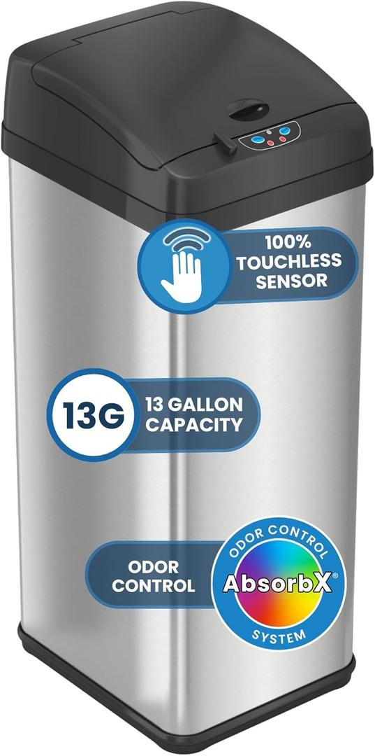 iTouchless 50 Liter / 13 Gallon Sensor Dog-Proof Kitchen Trash Can with Lid Lock and AbsorbX Odor Filter, Touchless Lid, Stainless Steel Garbage Recycling Bin for Kitchen, Home, Office, Business