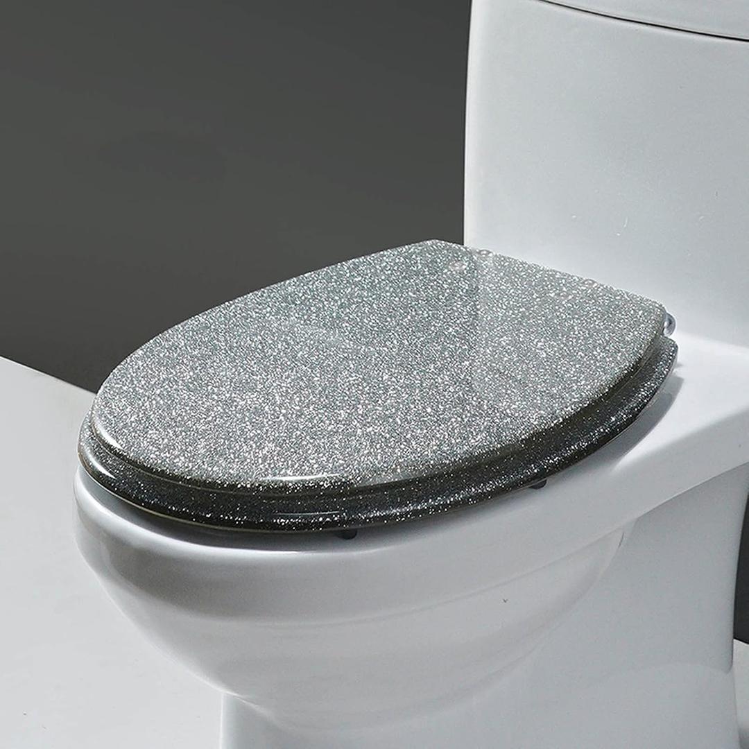 Toilet Seat Soft Close Toilet Seat Resin Glitter Toilet Seat Sparkling Toilet Seat Cover Round Oval Easy Installation and Cleaning Soft Close Toilet Seat Pink Silver