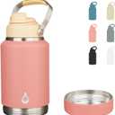 BJPKPK 64oz Insulated Water Bottles, Dishwasher Safe Half gallon Water Bottle with Metal Handle, BPA Free Spout Lid & Detachable Bowl, Large Stainless Steel Jugs, Pink