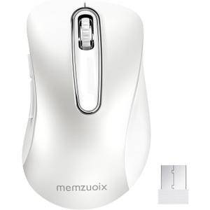 memzuoix 2.4G Wireless Mouse, 1200 DPI with USB Receiver, Portable Battery Powered Cordless Mouse for Laptop, PC, Desktop, 5 Buttons (White)