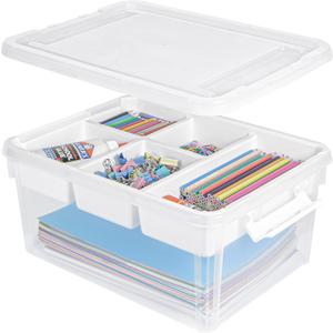 Creahaus 17 Quart Plastic Storage Box with Removable Tray Durable Craft Organizers and Storage Stackable Storage Container for Organizing Bead, Art, Sewing, Playdoh (Clear) (Clear/White latch)