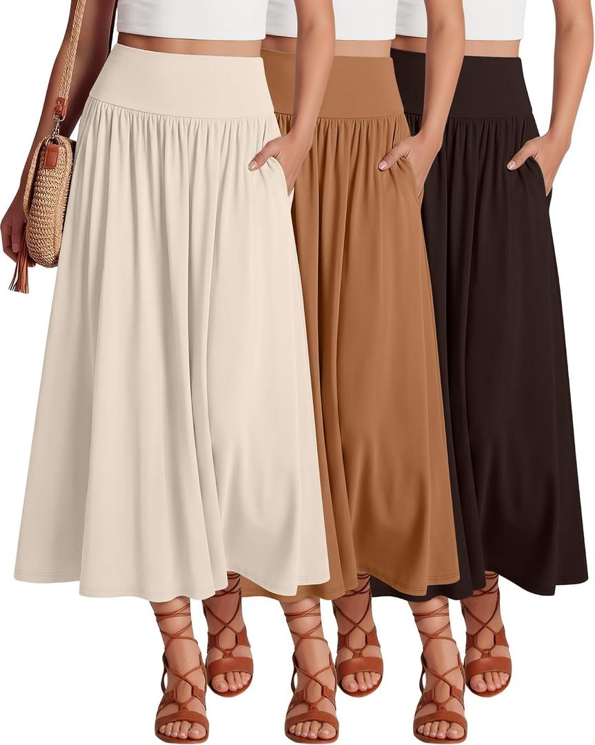 Ficerd 3 Pack Maxi Long Skirts for Women | Ankle Length, High Waisted, Pleated, Flowy, a Line, Summer, Casual Skirts, with Pockets, Vacation, Work, Daily Wear, Soft