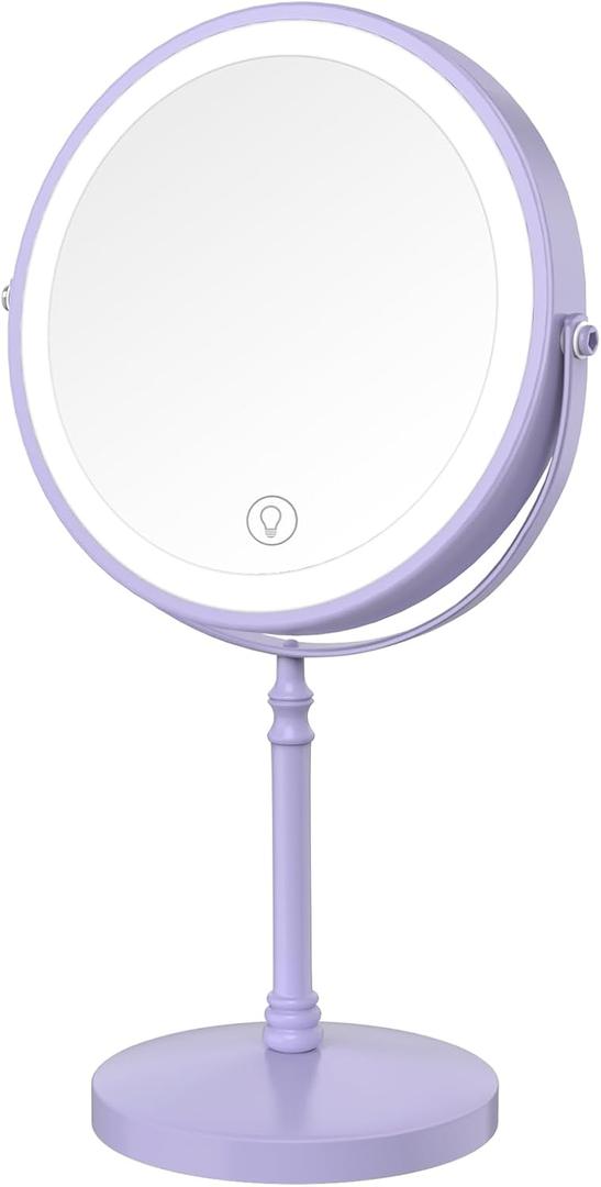Lighted Makeup Mirror, 3000 mAh Rechargeable Double Sided Magnifying Vanity Mirror with 3 Colors, 1x/10x, 360 Rotation , Brightness Adjustable Magnification Cosmetic Light up Mirror, Women Gift (Purple)