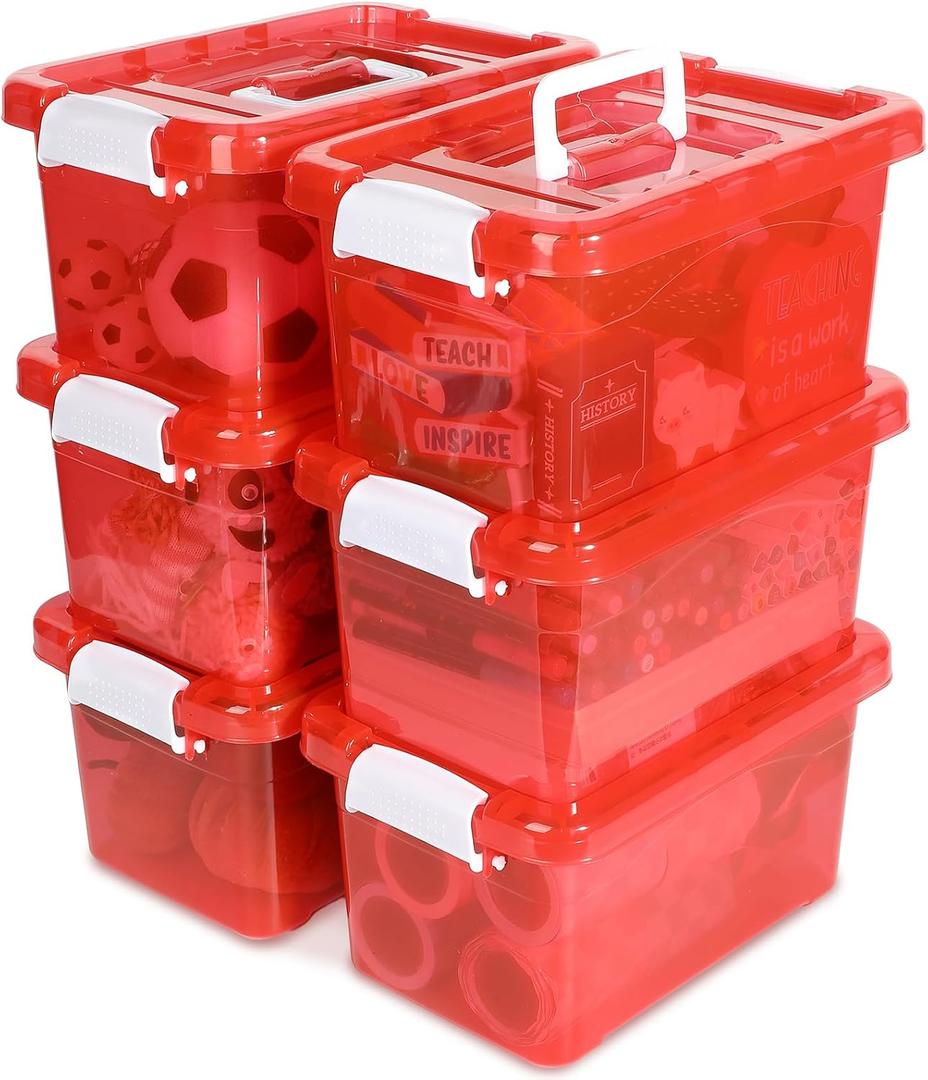 6 Pack 7 Quart Colorful Plastic Storage Bins with Lids Storage Latch Box Stackable and Nestable Clear Toy Storage Organizer Bins with Latching Handle and Buckle for School Kid Room Home(Red)