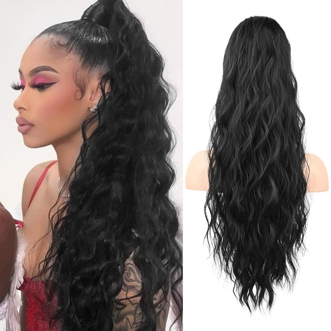Flufymooz Ponytail Extension, 26 Inch Drawstring Ponytail Hair Extensions for Women Long Curly Wavy Pony Tail Natural Wavy Synthetic Hairpiece for Women Daily Use party ((26 Inch Natural Black)
