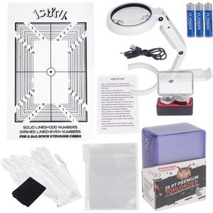 Sports Card Grading Kit,Card Grading Centering Tool Set,LED Magnifying Table Lamp,High Intensity Magnifying Loupe, Microfiber Cloth,Gloves,Soft Sleeves,Card Holders,Batteries