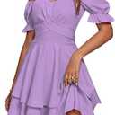 LYANER Women's Tie Back Off Shoulder Wrap Layer Ruffle Short Sleeve Mini Dress, L, Solid Light Purple