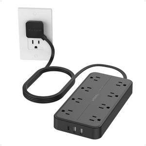 TESSAN Power Strip Surge Protector, 6FT Flat Plug Extension Cord with 8 Outlets 3 USB Charger(1 USB C), 1080 Joules Protection, Wall Mountable Charging Station for Home Office Dorm, Black