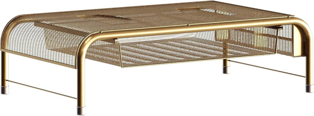 Martha Stewart Ryder Gold Mesh Metal Desktop Monitor Stand Riser with Organizer Drawer and Side Storage, Set of 1