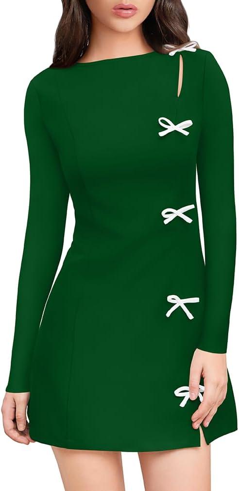 XXTAXN Women's Fall Long Sleeves Boat Neck Elegant Bow Y2k A Line Mini Dress (Green, Small)