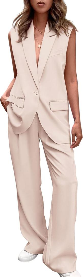 PRETTYGARDEN Womens 2 Piece Blazer Suits V Neck Sleeveless Vest Wide Leg Pants Sets Summer Matching Outfits (Beige, Small)