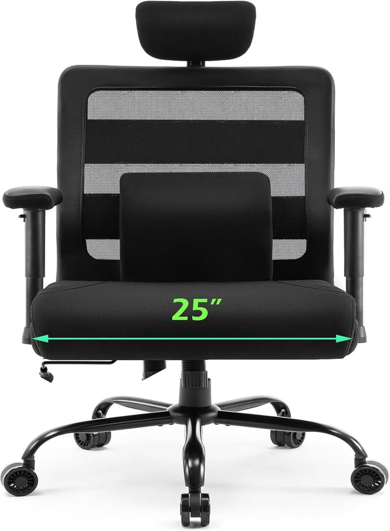 Extra Wide Seat Office Chair for Big and Tall 500lbs, with High Back Adjustable Headrest Lumbar Support Arms Wheels Heavy Duty (Breathable Fabric Seat)