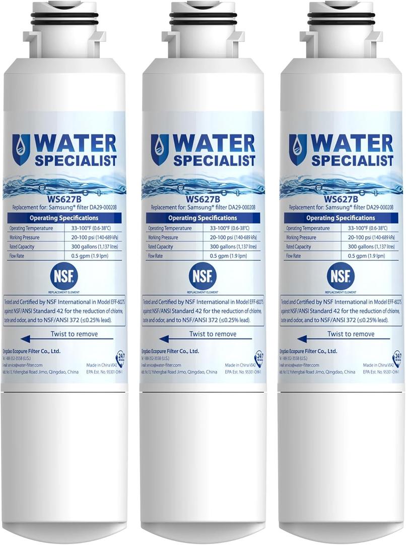 Waterspecialist DA29-00020B Samsung Water Filter for Refrigerators, Replacement for Samsung Water Filter DA29-00020B, HAF-CIN, RS25J500DSR, RF28HMEDBSR, HAF-CIN/EXP, RF4287HARS, RF28HFEDBSR, 3 Filters (3 Count (Pack of 1))